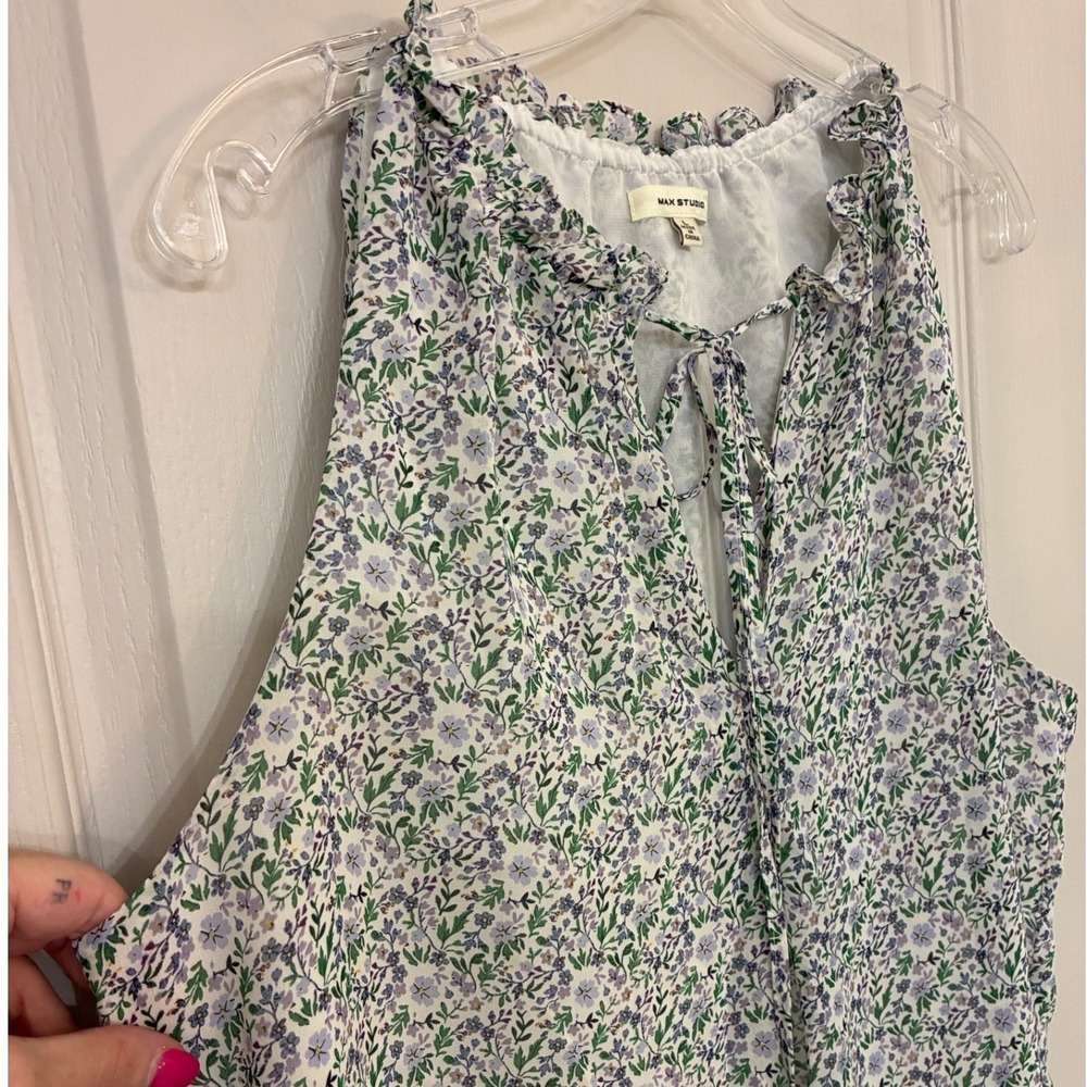 Max Studio Wmns Floral Ruffle Tie Neck Sleeveless Blouse Purple Green L 6707Y36B - Picture 6 of 10
